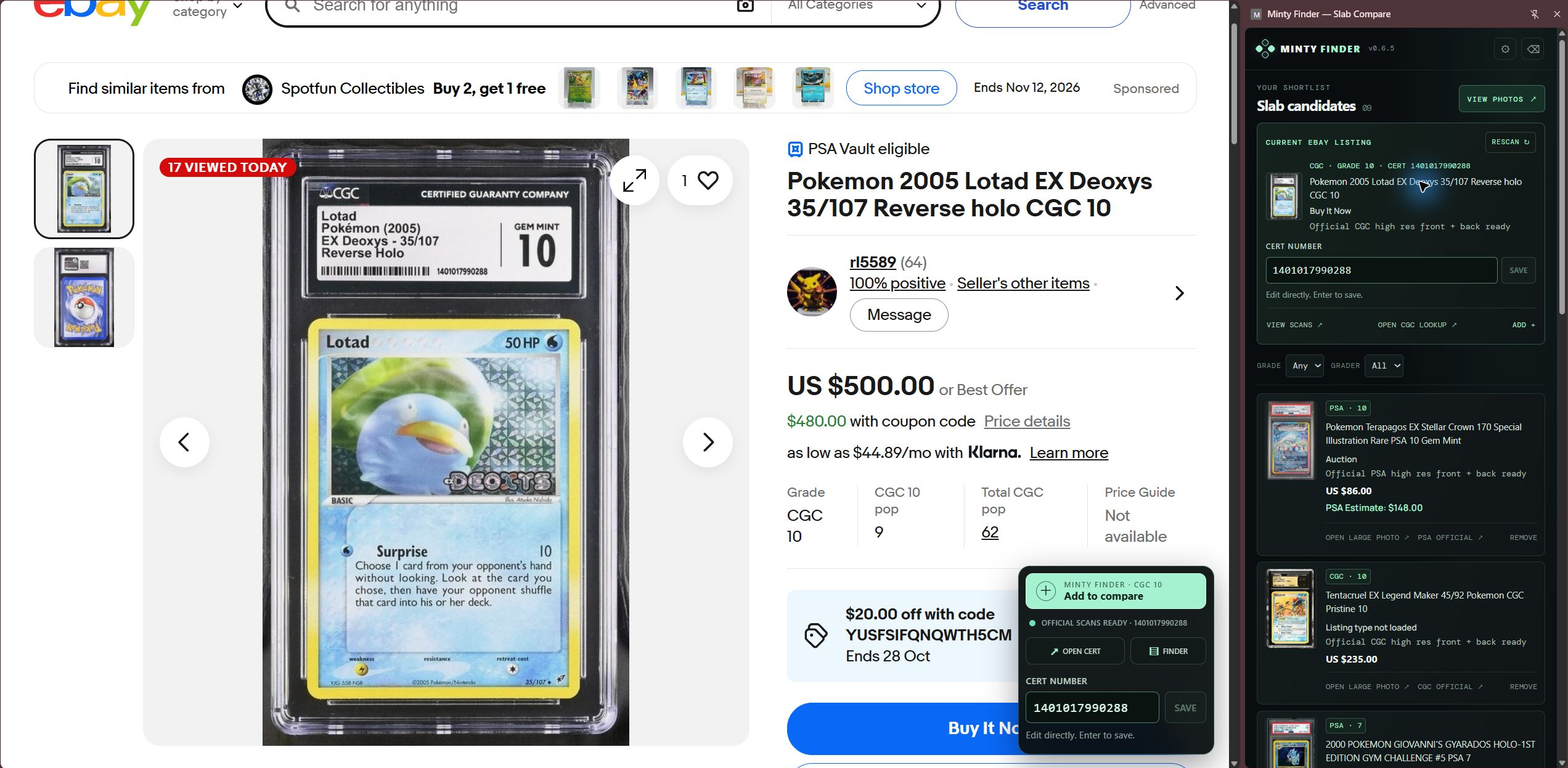 One live Chrome screenshot: the eBay Lotad listing, OPEN CERT floating control and Minty Finder v0.6.5 sidebar together