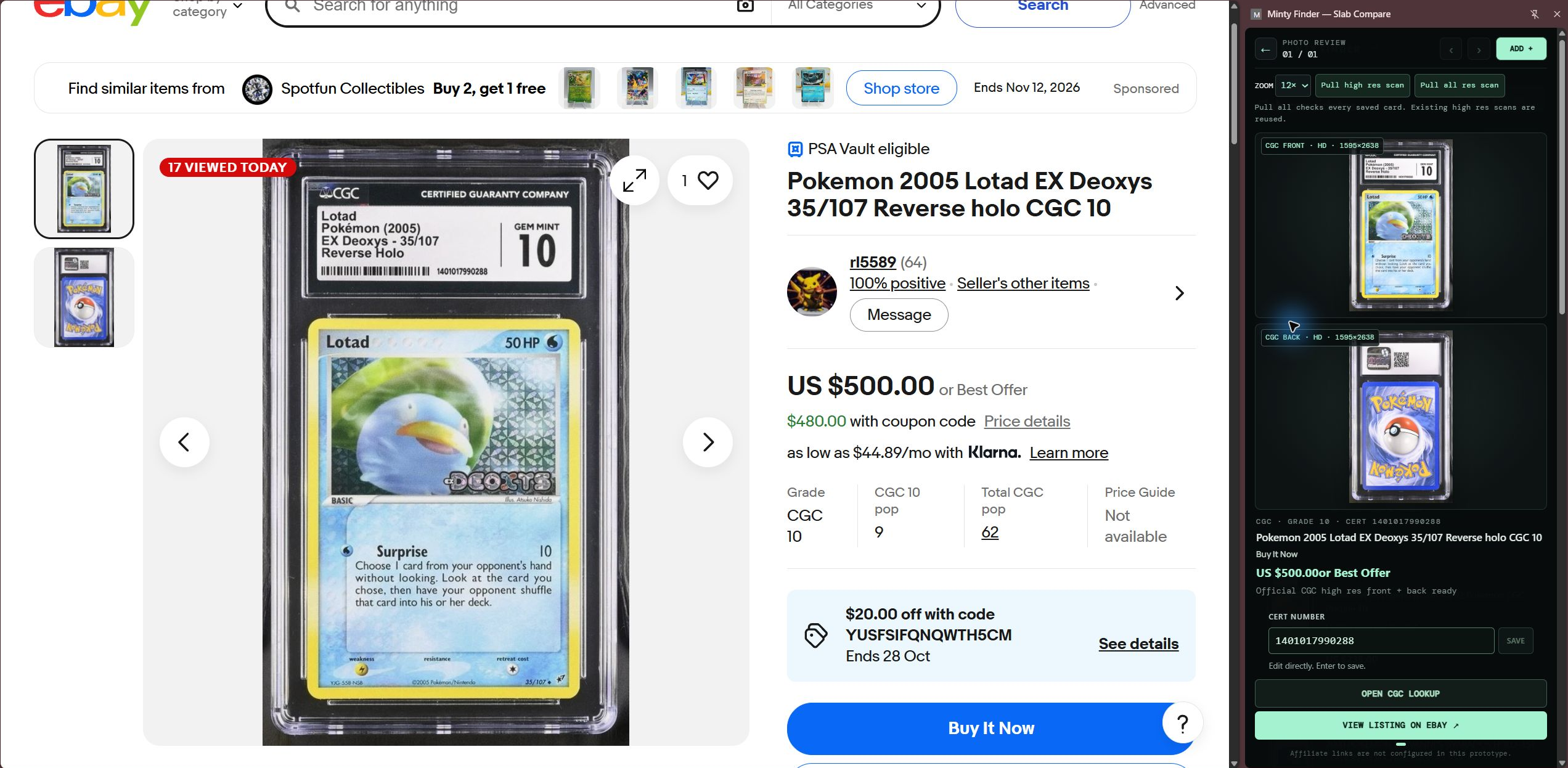 One live Chrome screenshot: the eBay Lotad listing on the left and Finder v0.6.5 Photo Review with official CGC front and back scans on the right