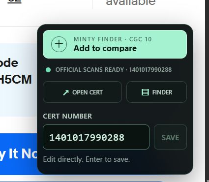 Minty Finder v0.6.5 floating control on the actual eBay listing, showing OPEN CERT and the detected CGC certificate number 1401017990288